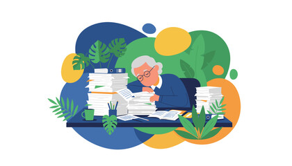 Stressed senior worker asleep on desk buried under paperwork Overwork and burnout concept