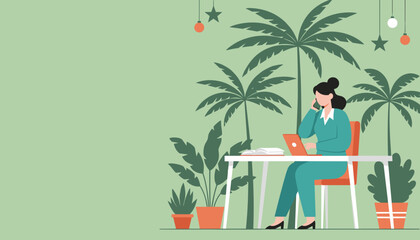 Remote worker talking on phone with laptop amidst tropical plants Freelancevacation concept