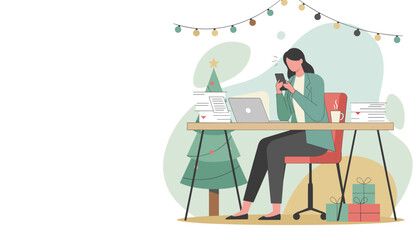 Businesswoman busy working during the holidays checking phone at a festive office desk