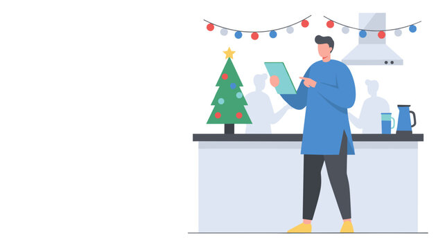 Man uses tablet in a Christmas kitchen planning or shopping during the holidays Vector illustration