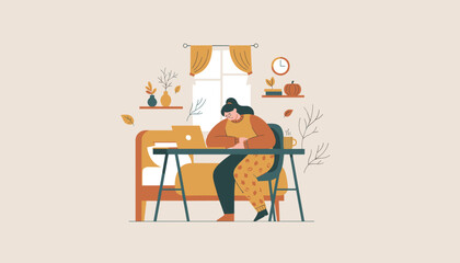 Tired woman remote working or studying at home desk during autumn Burnout and fatigue concept
