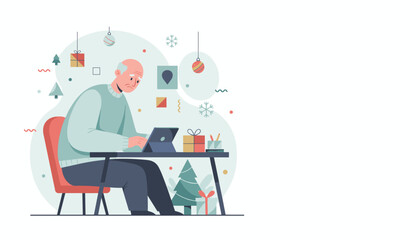Stressed senior man works on a tablet during the holiday season Christmas blues illustration