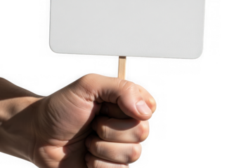 Close up hand holding small white sign blank template for your message or text transparent background