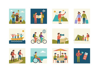 Fototapeta premium Travelers explore and photograph scenes while traveling, strolling with phones and maps on vacation trips, with friends and couples on journeys and tours, depicted in a flat vector illustration set