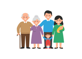 A large family gazing upward, with a joyful mother, father, children, and grandparents standing together and watching something; excited children with their parents, depicted in a flat vector