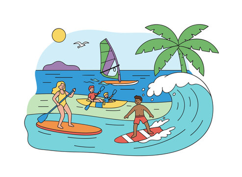 A set of flat graphic vector illustrations depicts people riding, floating, and surfing on boards in summer waves, as well as windsurfing and kiteboarding, all isolated on a white background