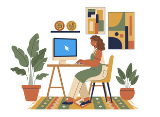 A female graphic designer, illustrator, or freelance artist works at her home desk on a computer, showcasing her creative process in a modern flat cartoon vector illustration
