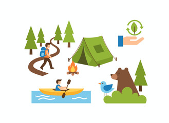 Naklejka premium Ecotourism set: a collection of eco-friendly tourism design elements on a white background featuring male and female tourists or ecologists, a tent, a backpack, and a kayak, presented as a flat