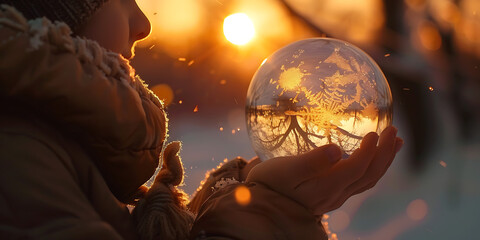 Magical frosty orb reflects winter sunset in warm hands