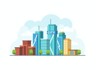 A flat-style vector illustration of a modern city center featuring skyscrapers, residential houses, and a colorful panoramic downtown view, capturing a megalopolis skyline and urban scenery