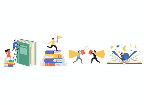 A flat vector illustration featuring a group of people and enigmatic characters surrounded by a stack of books, depicting a man and woman deeply engrossed in literature and lost in a fantasy world