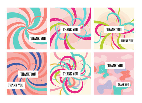 A set of vibrant cards bearing a “thank you” message, along with a collection of abstract background images featuring inscriptions