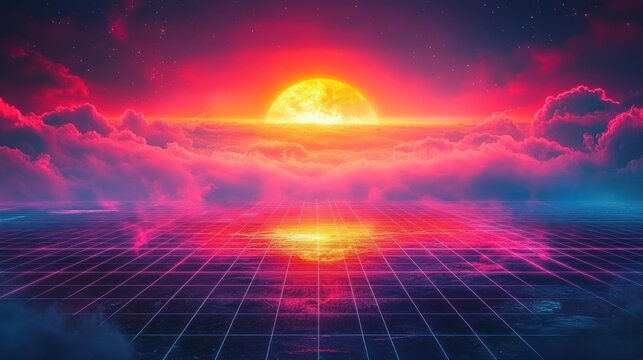 Retro neon grid floor reflecting a vibrant sunset with clouds