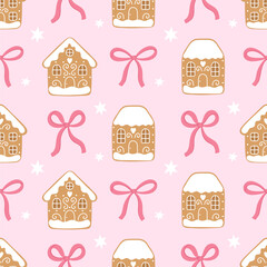Sweet pastel seamless pattern with gingerbread houses, snow and pink ribbons.