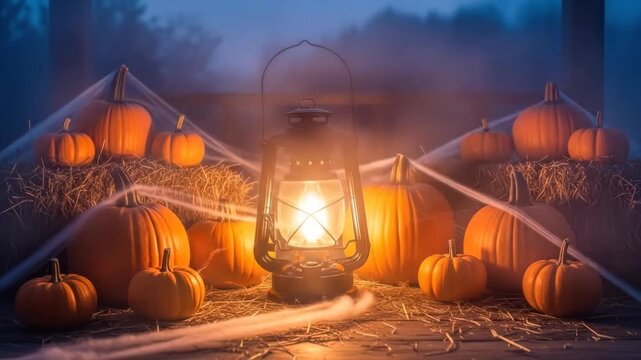 Glowing lantern illuminates pumpkins and hay with mystical fog