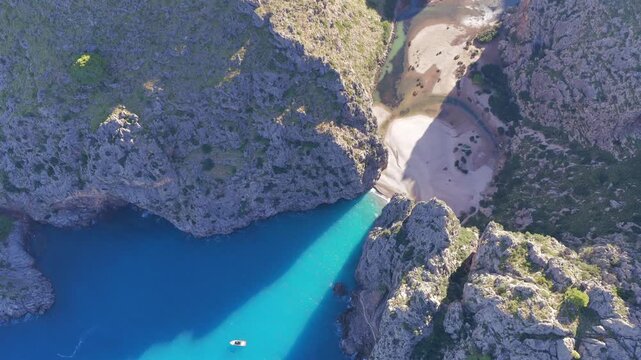 Aerial View of Torrent de Pareis Gorge and Sa Calobra Beach at the River Mouth, Mallorca