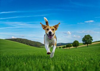 Happy dog running in a green field with clear blue sky
