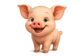 Cute cartoon piglet standing and smiling, depicting happiness, cheerfulness, and friendly character, transparent background