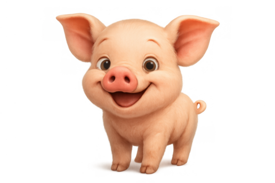 Cute cartoon piglet standing and smiling, depicting happiness, cheerfulness, and friendly character, transparent background