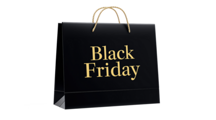 Black paper shopping bag with golden “Black Friday” text isolated on transparent background