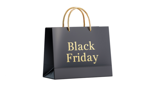 Black paper shopping bag with golden “Black Friday” text isolated on transparent background