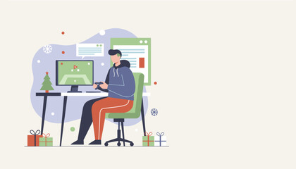 Gamer playing video games during winter holidays surrounded by snowflakes tree and gifts