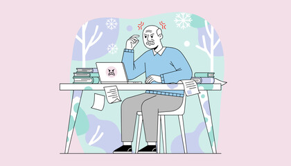 Stressed elderly man dealing with work frustration and deadlines while studying during winter
