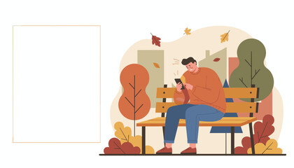 Stressed man reading upsetting news on his smartphone while sitting on a park bench in autumn