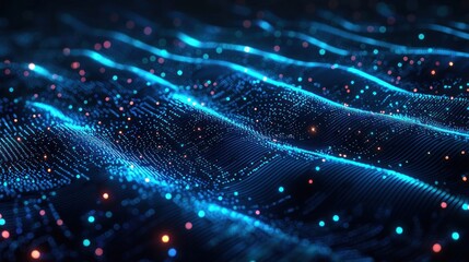 Obraz premium Wavy, textured surface glows blue with scattered orange dots