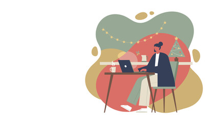 Fototapeta premium Remote worker using laptop at a festive desk with a Christmas tree illustration