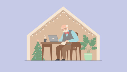 Senior man working on laptop in cozy home office decorated for holidays Remote work concept