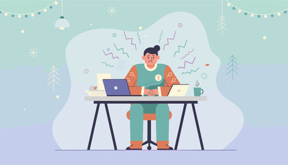 Stressed worker dealing with holiday burnout overwork financial pressure and anxiety