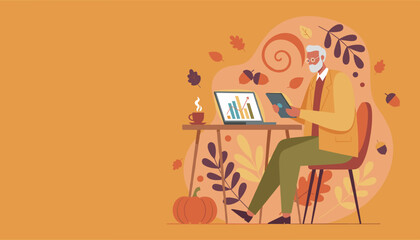 Elderly professional working remotely with tech Cozy fall illustration of business and finance