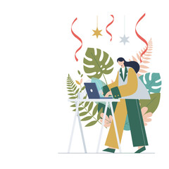 Professional woman working remotely on a laptop among tropical plants and festive decorations Modern illustration