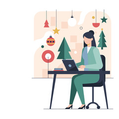 Businesswoman works on laptop in a festive office decorated with Christmas ornaments