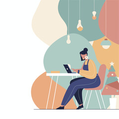 Digital nomad woman working on laptop in a stylish colorful abstract workspace illustration