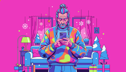 Senior man in vibrant sweater checks phone in neon Christmas living room illustration