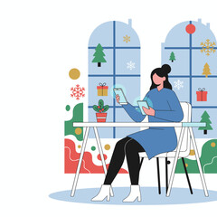 Digital holiday shopping Woman uses phone and tablet by a festive window illustration