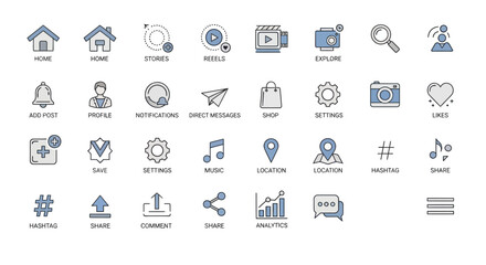 Obraz premium Social Media App Icons Set Home Profile Notifications Direct Messages Explore Reels Stories