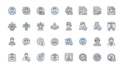 Business People Teamwork Human Resources Management Icons Set Modern Vector Illustration