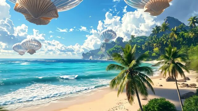 Fantastical Airships Soar Over Vibrant Tropical Beach Paradise with Azure Ocean Waves.