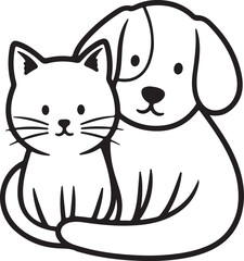 Charming minimalist black line art of a cat and dog sitting together perfect for pet lovers and animal illustrations