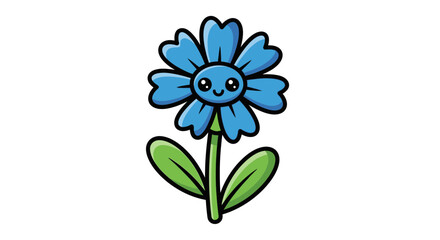 Cartoon blue flower with a smiling face and green leaves on white.