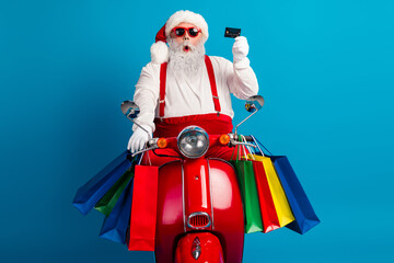 Santa on a bright red scooter surrounded by colorful shopping bags delivering festive holiday vibes and Christmas joy in a fun stylish season shopping scene