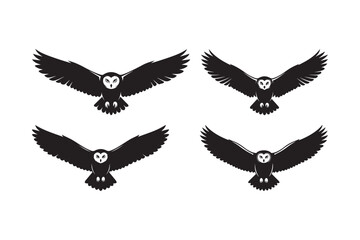 Four black silhouettes of owls in flight