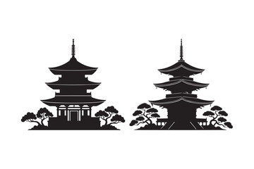 Two silhouetted japanese pagodas with pine trees