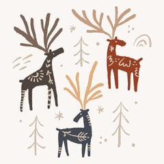 Boho tribal celestial ornate moose set character vector hand drawn illustration. Modern folk patterned Norwegian woodland fauna with horns north animals in Scandinavian style. Floral Slovak ornamental