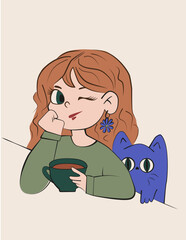 A girl with a cat sitting at a table, with a cup of coffee nearby. The atmosphere is cozy and calm, the image is in light tones, creating a pleasant feeling of home comfort.