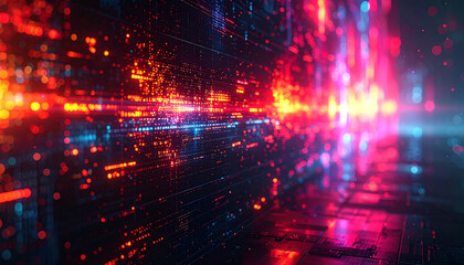 Cybernetic Vista: A mesmerizing view of a neon-lit, digital cityscape, where vibrant streams of data and light flow through an abstract environment.