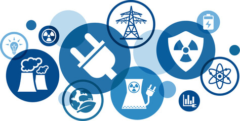 Nuclear / atomic energy vector. Blue concept with icons related to electricity generation, power plant or thermal power station, clean / sustainable or green energy, fusion or fission technology.
